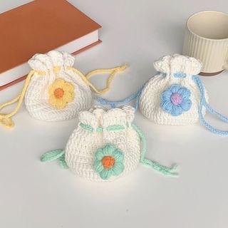 Flower Applique Woven Mini Bucket Bag