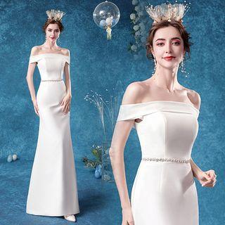 Off-shoulder Short-sleeve Sheath Evening Gown