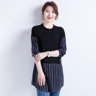 Striped Panel Mock Two-piece Medium Long T Shirt