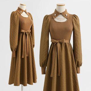 Puff-sleeve Knit Panel Collared A-line Dress