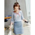 Set: Tie-neck Flower Print Blouse + High-waist Straight-fit Skirt