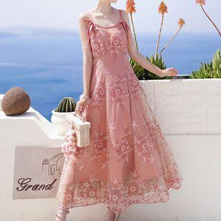 Spaghetti-strap Embroidered Midi Mesh Dress / Lace Jacket