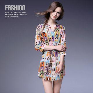 3/4-sleeve Drawstring Printed Dress