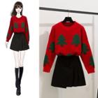 Tree Detail Sweater / Mini A-line Skirt / Set
