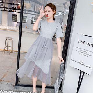 Elbow-sleeve Mesh Tiered Dress