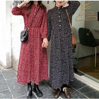 Long Sleeve Dotted Print Buttoned Dress