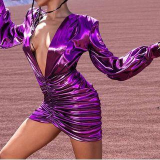Long-sleeve Deep V-neck Ruched Mini Bodycon Dress