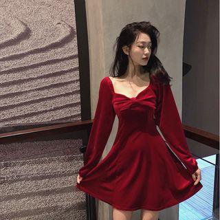 Square-neck Long-sleeve Shirred A-line Dress