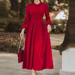 Plain Lace Trim Puff-sleeve Maxi Dress