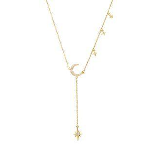 925 Sterling Silver Rhinestone Crescent Necklace Gold - One Size