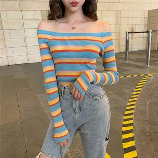 Long-sleeve Off-shoulder Striped Knit Top Green - One Size