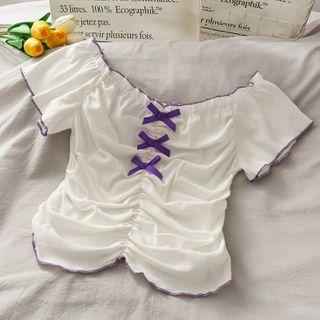 Boatneck Ribbon-accent Ruched Crop Top
