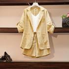 Set: 3/4-sleeve Plaid Blazer + Wide-leg Shorts + Tank Top