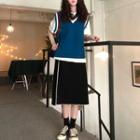 Midi A-line Skirt / Short-sleeve T-shirt / Knit Vest