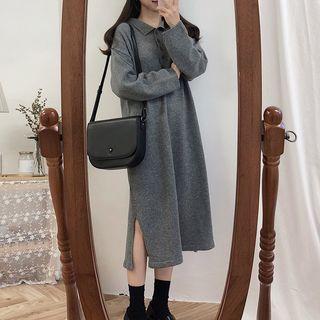 Long-sleeve Midi Knit Polo Shirt Dress