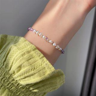 Beaded Bracelet 1pc - Purple & White & Silver - One Size