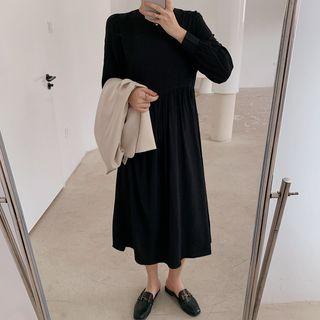 Crewneck Plain Pleated A-line Dress