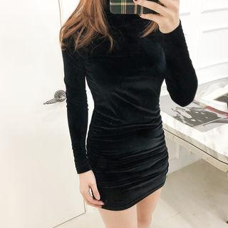 High-neck Shirred Velvet Mini Bodycon Dress