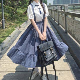 Mandarin Collar Frog-button Blouse / Suspender Midi A-line Skirt