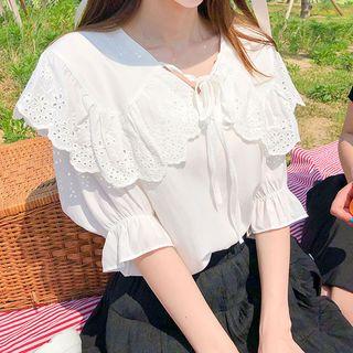 Beribboned Crochet-trim Blouse Ivory - One Size