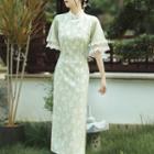 Bell-sleeve Floral Midi Sheath Qipao Dress