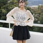 Set: Open-back Swim Dress + Floral Print Long-sleeve Mesh Top