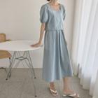 Set: Short-sleeve Square-neck Blouse + Midi A-line Skirt