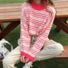 Mock Neck Striped Knit Pullover Pink - One Size