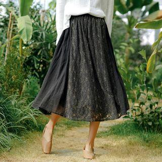 Lace Trim Midi A-line Skirt Black - One Size