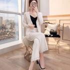 Set: Contrast Trim Cardigan + Cropped Wide-leg Pants