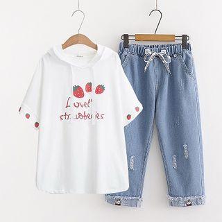 Hooded Strawberry Print Short-sleeve T-shirt / Drawstring Straight-cut Jeans / Set