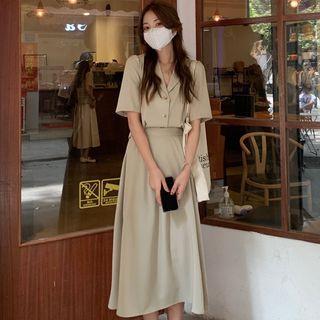 Elbow-sleeve Plain Shirt / Midi A-line Skirt