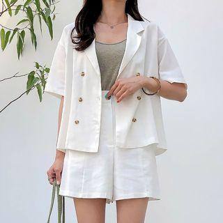 Set: Double-breasted Short-sleeve Blazer + A-line Shorts