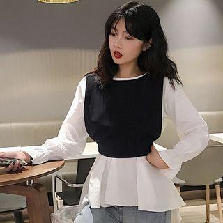 Set: Peplum Blouse + Tie-neck Knit Vest As Shown In Figure - One Size