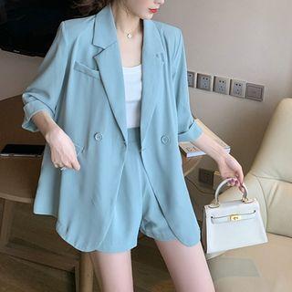 Set: Elbow-sleeve Double-breasted Shirt + Wide Leg Shorts