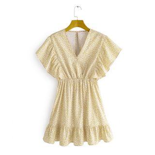 Floral Print Short-sleeve Ruffle Hem Mini A-line Dress