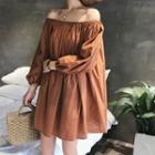 Long-sleeve Off-shoulder Plain A-line Dress