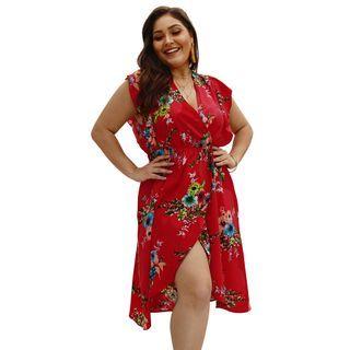 Cap-sleeve Floral Print Midi A-line Wrap Dress