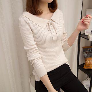 Long-sleeve Collared Lace-up Knit Top
