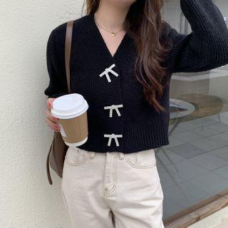 Rhinestone Bow-accent V-neck Cardigan