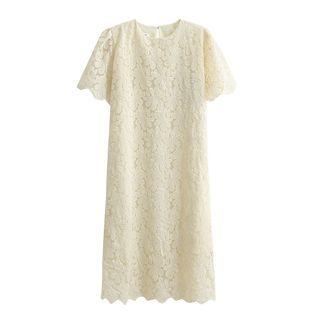 Short-sleeve Lace Midi Shift Dress Almond - One Size