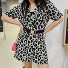 Short-sleeve Leopard Print Open-collar A-line Mini Dress