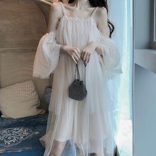 3/4-sleeve Cold Shoulder Faux Pearl Strap Mesh A-line Dress As Shown In Figure - One Size