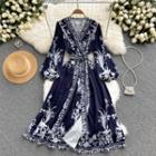 V-neck Print Lace-up Strap Long-sleeve Dress