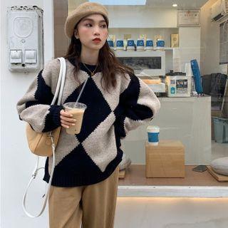 Set : Diamond Long-sleeve Sweater + High-waist Wide-legs Pants
