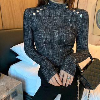 Mock-turtleneck Plaid Long-sleeve T-shirt As Shown In Figure - One Size