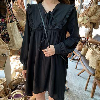 Long-sleeve Frill-trim Dress Black - One Size