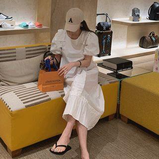 Puff-sleeve Pleated-trim Dress