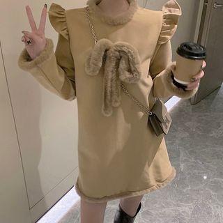 Long-sleeve Fluffy Bow Frill Trim Mini Shift Dress