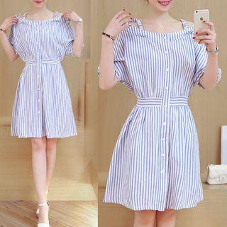Striped Off Shoulder Elbow Sleeve Shirtdress